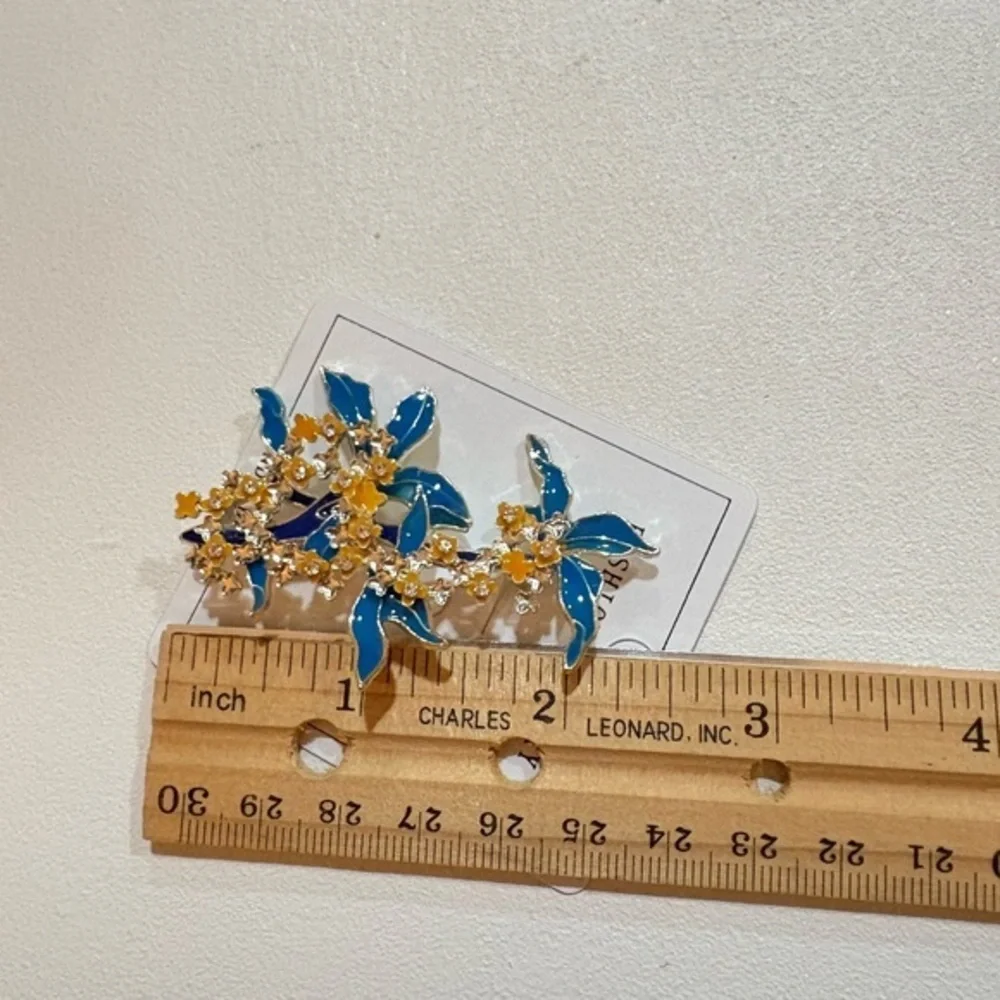 Vintage Enamel Osmanthus Brooch Blue Floral Pin Elegant Retro Jewelry‎ for Women